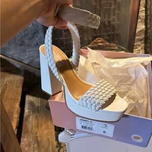 Jewel-V White Braided Platform Heels
